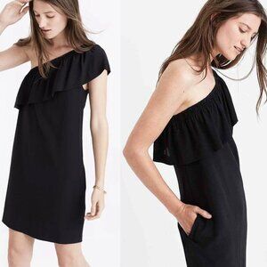 Madewell 100% Silk Ruffle One Shoulder Black Mini Dress Fairy Boho Size 6 medium
